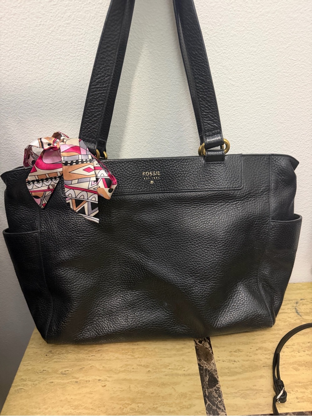 Fossil Black Leather Large Tote Bag with Decorative Scarf